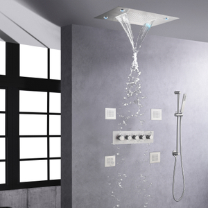 Esconder conjunto de torneira de chuveiro termostática 14 x 20 polegadas cachoeira e cabeça de chuveiro de ceil com luzes coloridas de LED