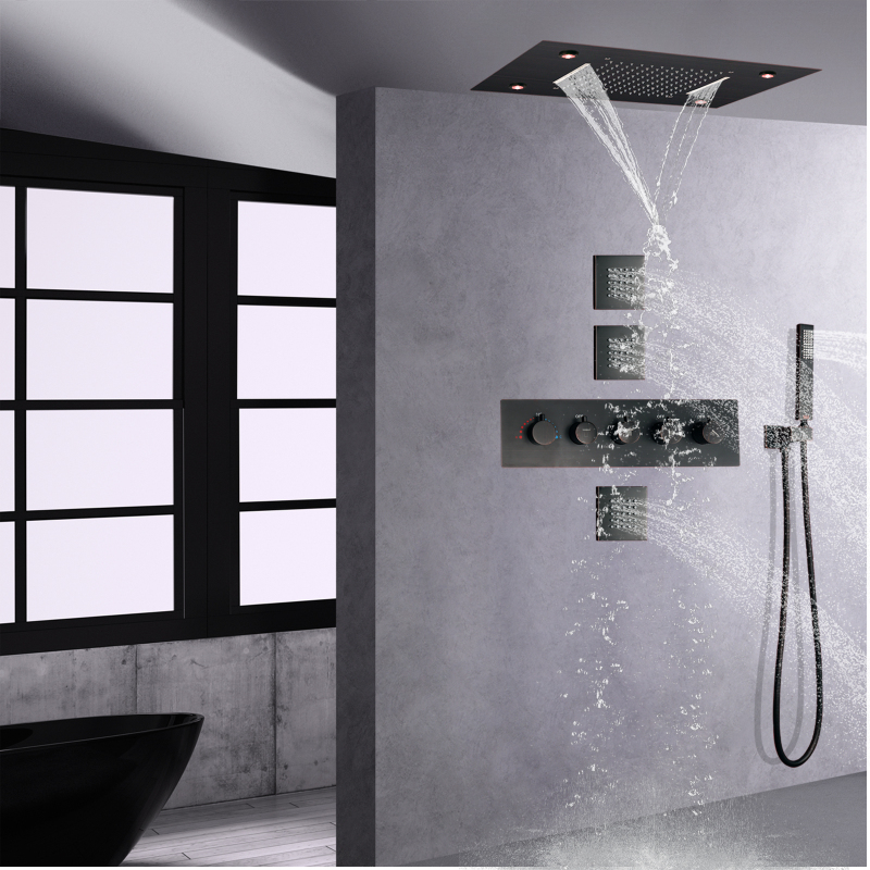 Sistema de chuveiro de chuva termostático de bronze polido a óleo 14 x 20 polegadas teto embutido banheiro cascata chuvas