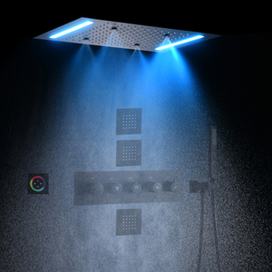 Conjunto combinado de chuveiros pretos foscos 14 x 20 polegadas LED cabeça de chuveiro de latão chuveiro termostático de névoa