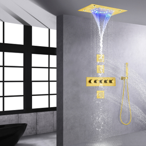 Sistema de chuveiro termostático luxuoso de ouro escovado cabeça de chuveiro de chuva em cascata LED de 14 x 20 polegadas