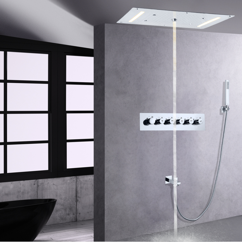 Moderno cromo polido termostática torneira do chuveiro conjunto chuva 70x38 cm led cachoeira spray chuvas torneira com mão segurar
