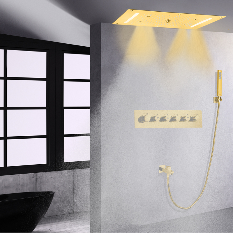 Ouro polido conjunto de torneira termostática do chuveiro 700x380mm banheiro escondido chuveiro cachoeira sistema chuveiro chuvas