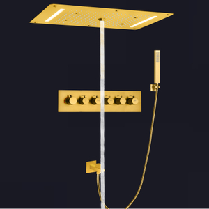700X380 MM Sistema de chuveiro de ouro escovado termostático LED Painel de cascata de chuva Hidromassagem com portátil