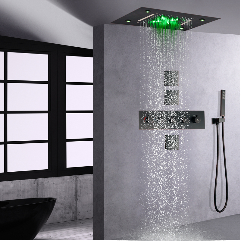 Óleo friccionado bronze termostática led sistema de chuveiro chuva incorporar banheiro cachoeira chuvas com mão segurar