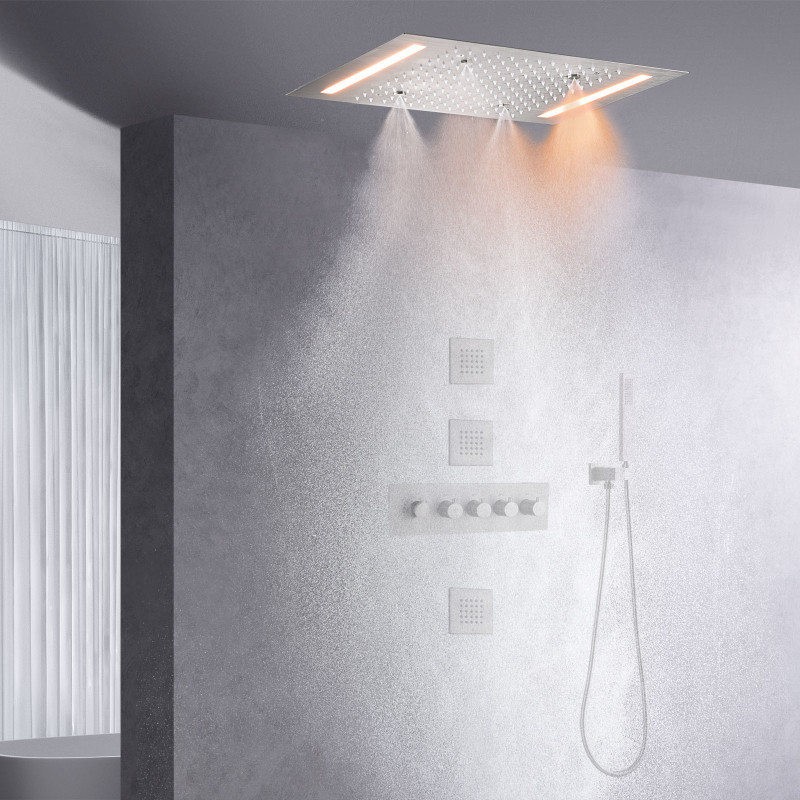 Sistema de chuveiro termostático de níquel escovado 14 x 20 polegadas LED torneira do banheiro chuveiro névoa chuvas