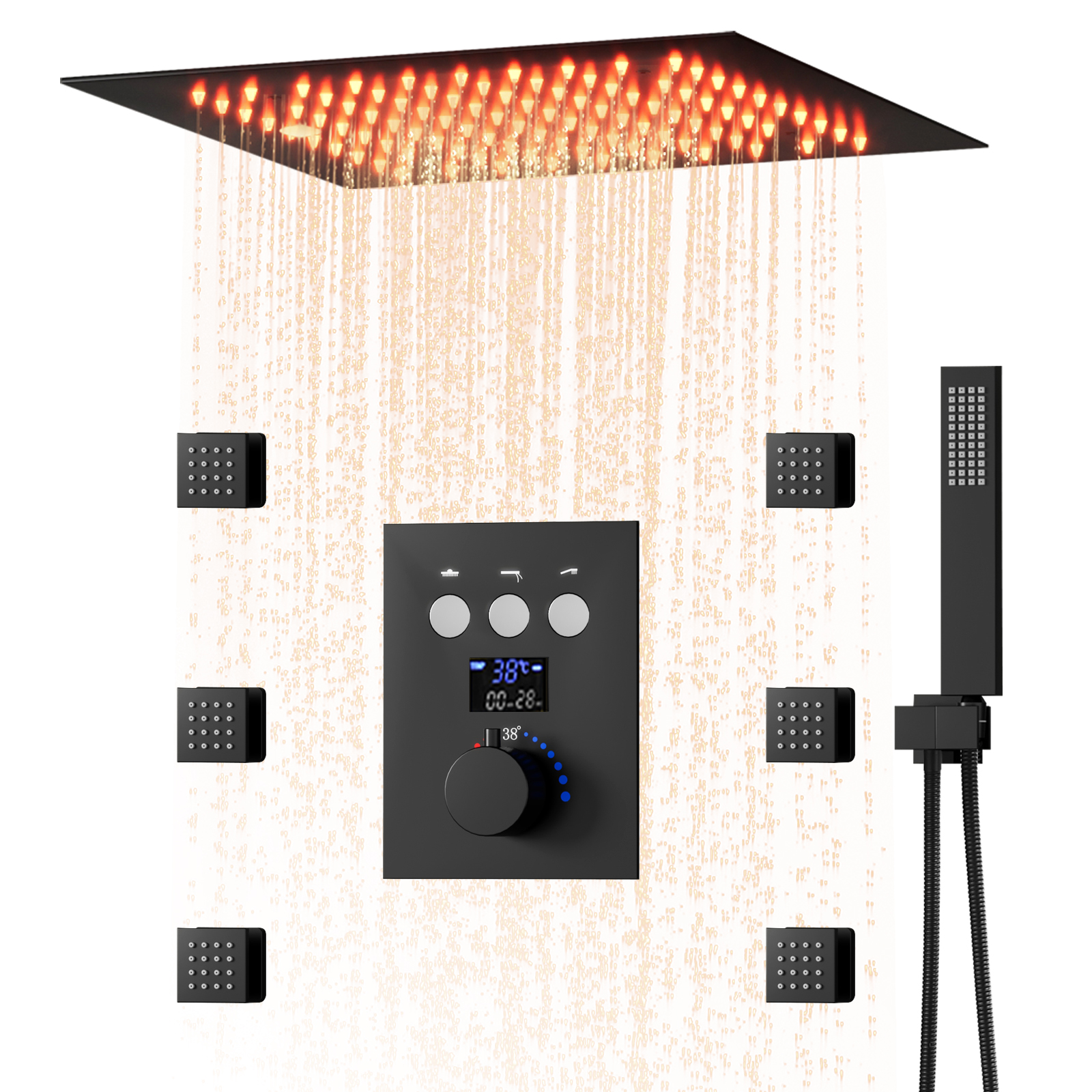 Termostato 64 LED Sistema de chuveiro de chuva colorido com 3 botões de função Conjunto de torneiras de válvulas de chuveiro com display digital