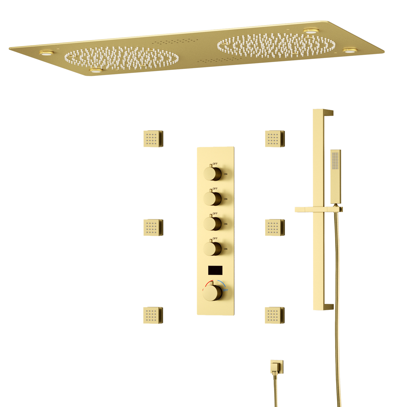 Chuveiro de chuva com spray de teto, chuveiro com música led, conjunto dourado, spray de chuva, massagem, termostato, sistema de chuveiro