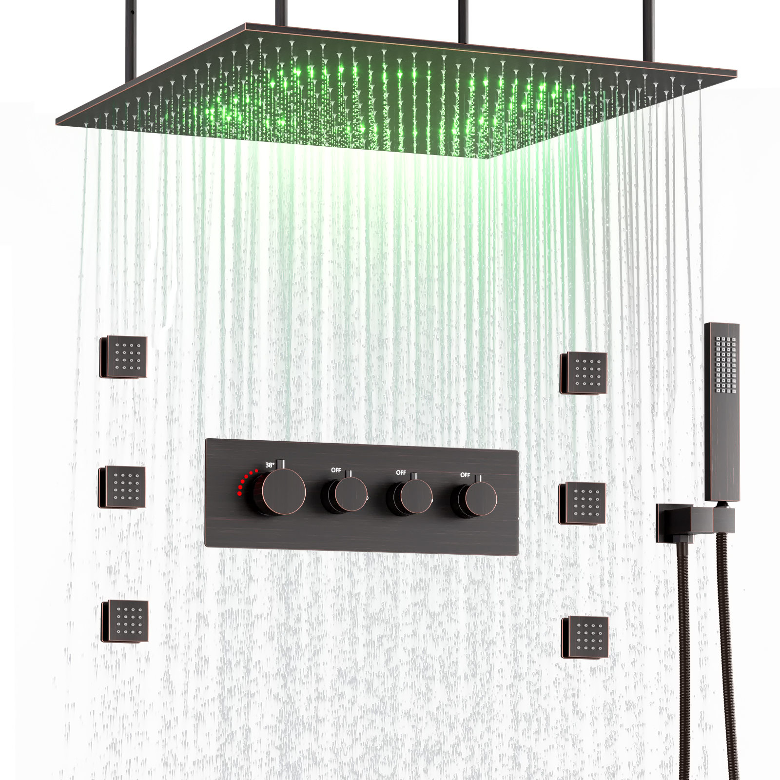 Conjunto de chuveiro de chuva para banheiro, cabeça de chuveiro LED, sistema de chuveiro quadrado de teto, temperatura constante inteligente
