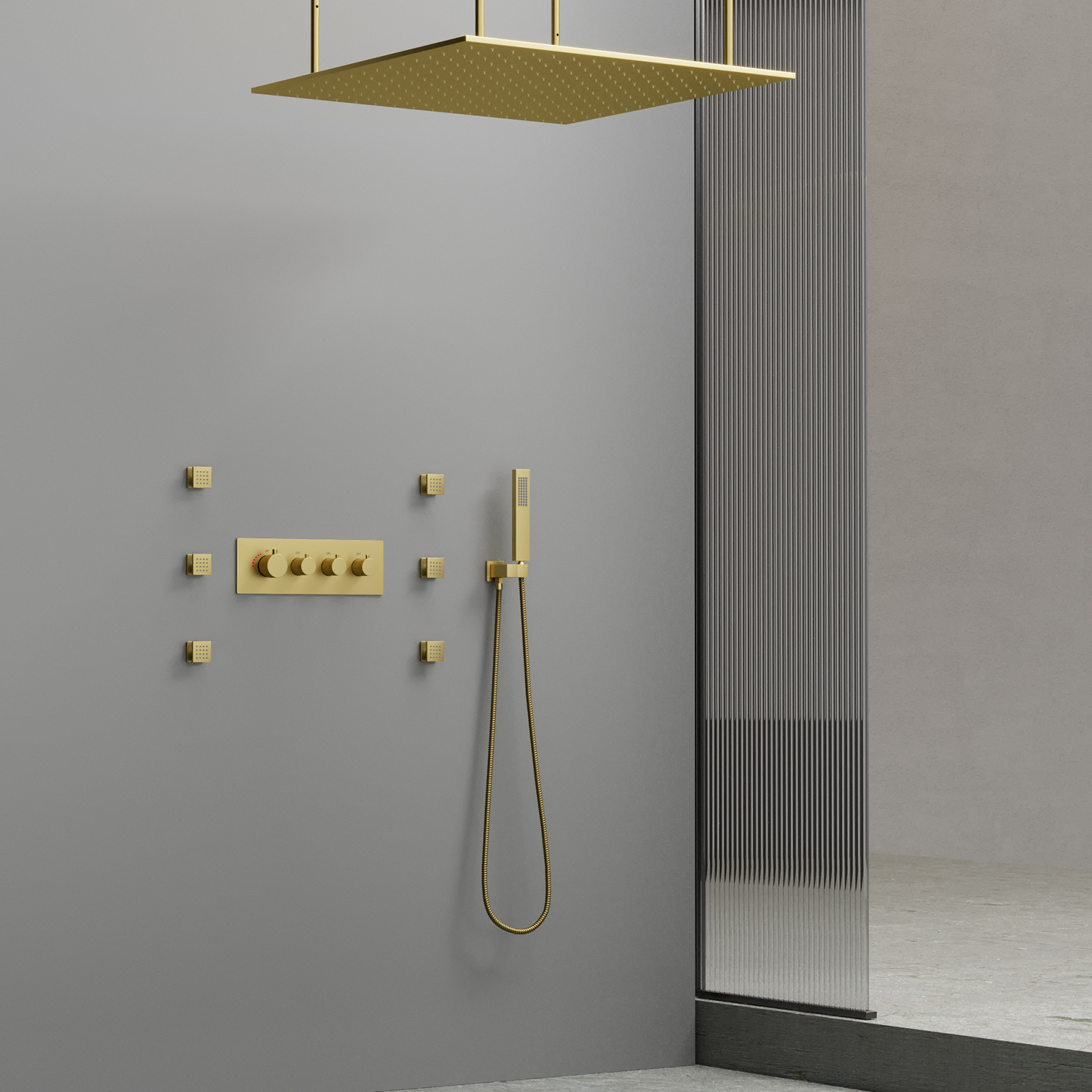 Ouro escovado sistema de chuveiro luxo chuva led cabeça chuveiro teto chuva termostática válvula mistura pulverizador portátil