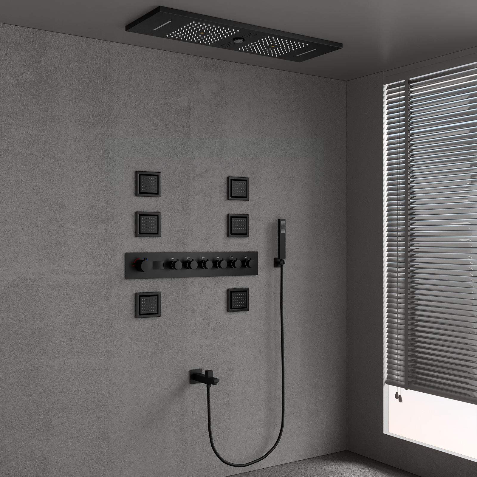 900X300MM Matte Black Bluetooth Music LED Sistema de válvula de chuveiro é dividido em conjunto de chuveiro oculto