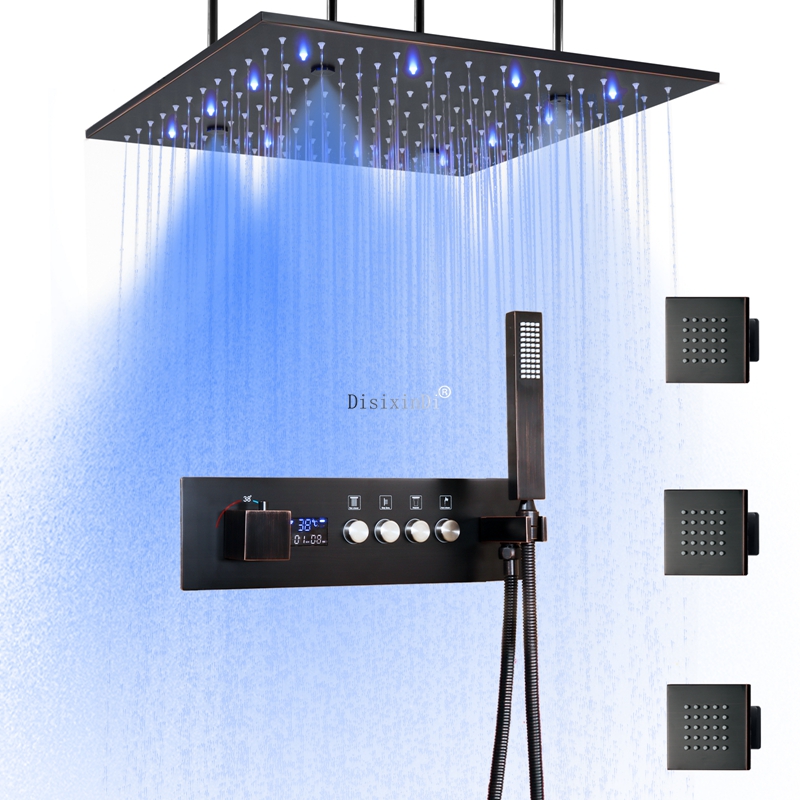 Led temperatura constante display digital torneira do chuveiro conjunto banheiro 16 Polegada chuva névoa led cabeça de chuveiro com jato massagem