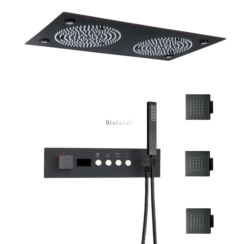 Cabeça de chuveiro led com som musical, 4 funções, display digital, válvula termostática, misturador de chuveiro, conjunto de chuveiro duplo