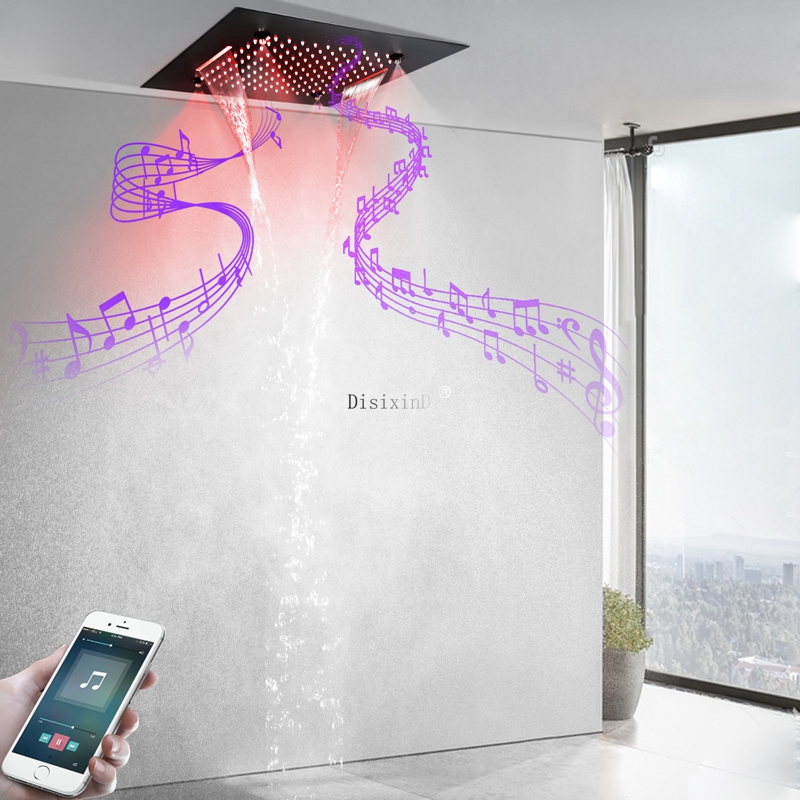 Preto fosco 3 funções 500 * 500mm LED Cabeça de chuveiro para banheiro com alto falante musical Sistema de chuveiro em cascata